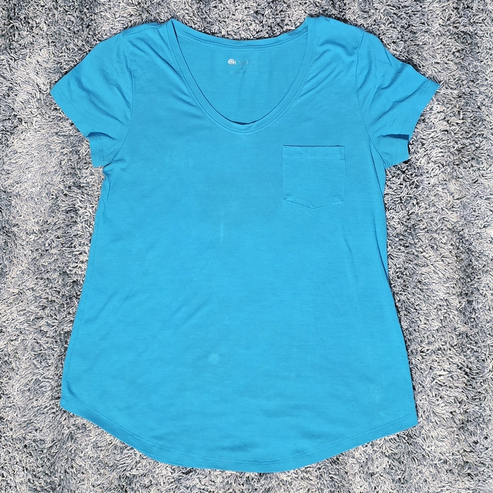 Stylus Turquoise Blue Rayon Blend Short Sleeve V-Neck Pocket Tee Women's M